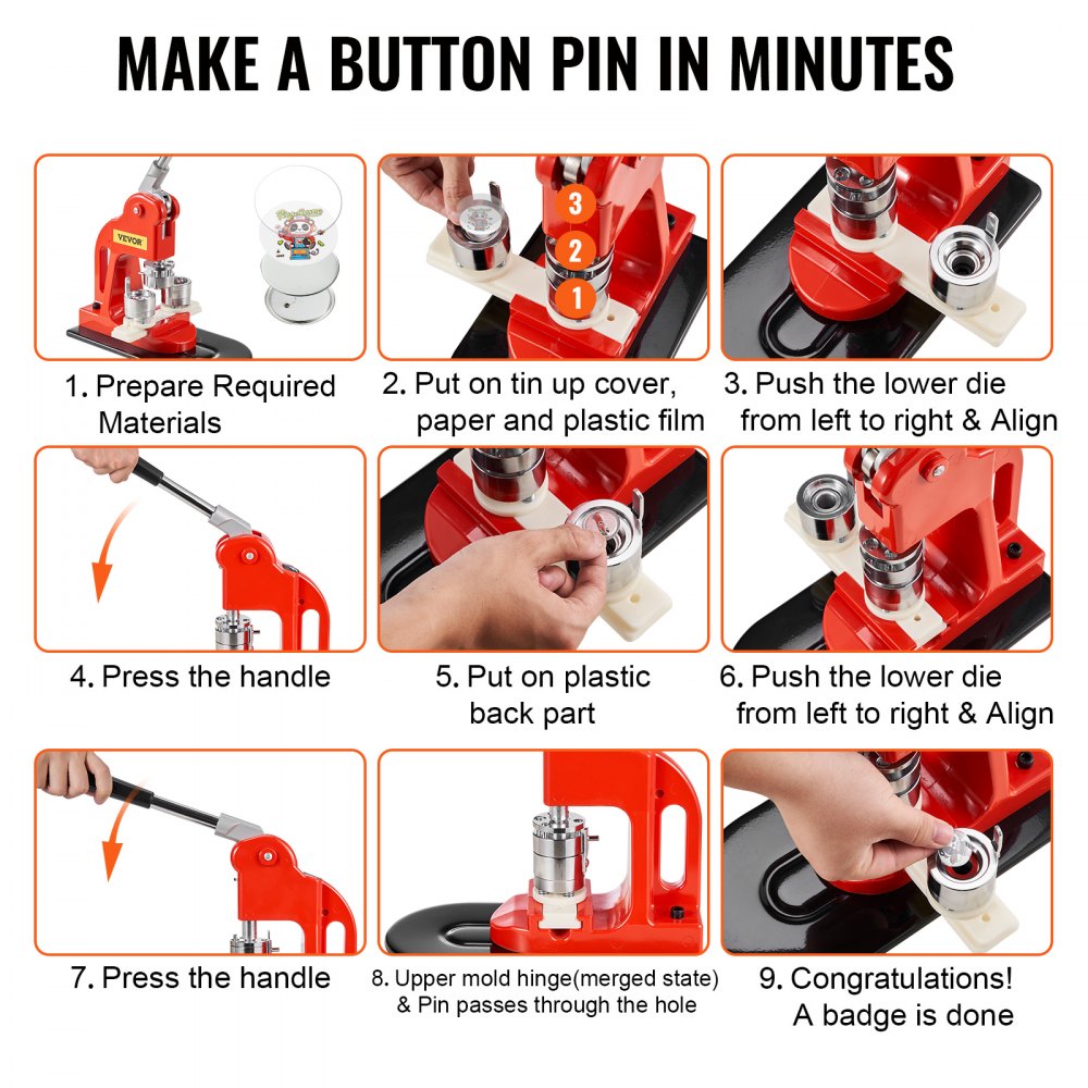 VEVOR Button Maker Machine, 25mm (1 inch) Badge Punch Press Kit, Children DIY Gifts Pin Maker, Button Making Supplies with 500pcs Button Parts & Circle Cutter & Magic Book