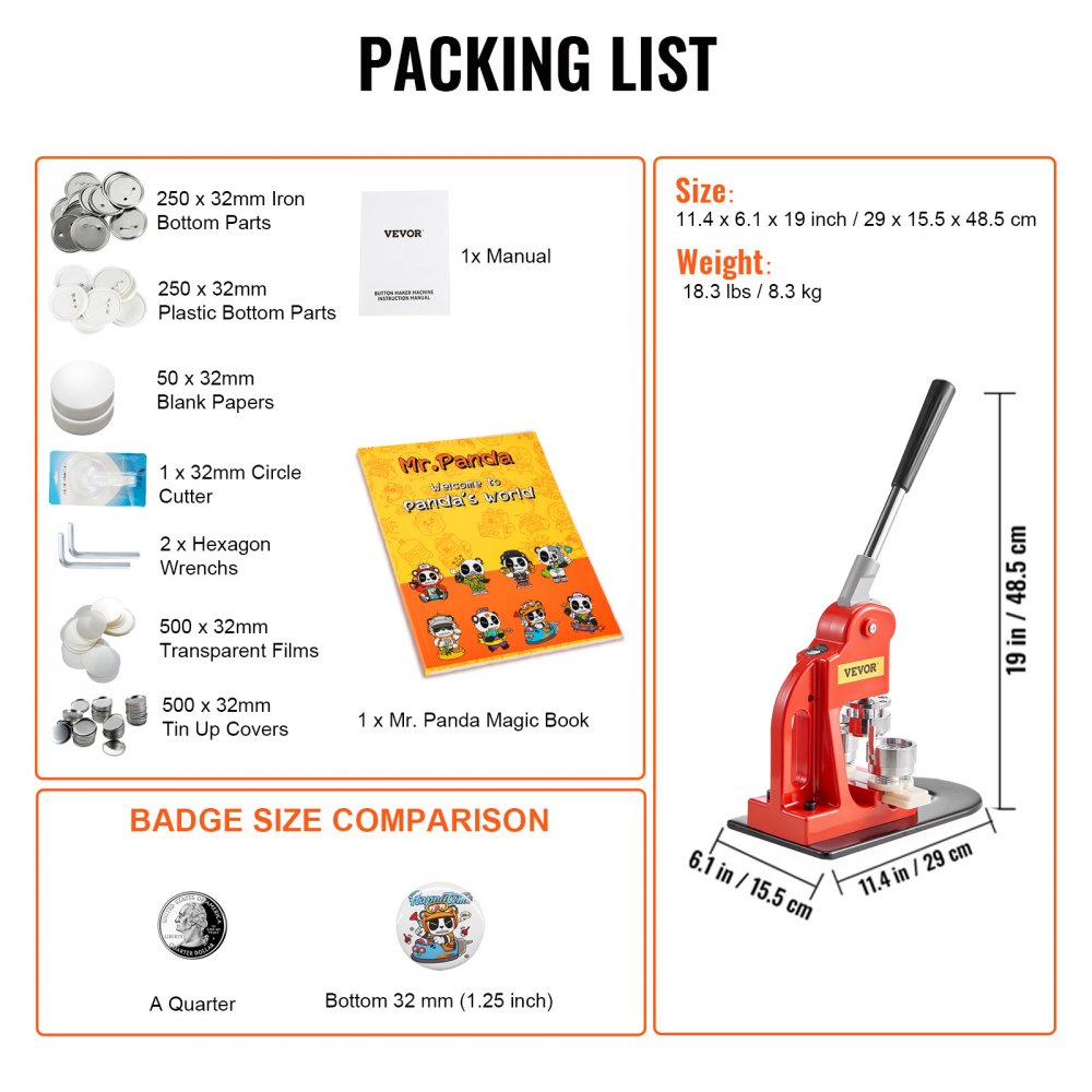 VEVOR Button Maker Machine, 32 mm (1.25 inch) Badge Punch Press Kit, Children DIY Gifts Pin Maker, Button Making Supplies with 500pcs Button Parts & Circle Cutter & Magic Book
