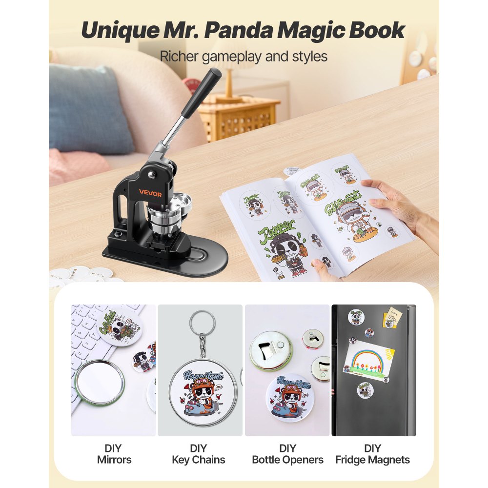 VEVOR Button Maker Machine, 2.25 in, Pin Maker Machine with 500pcs Button Parts, Circle Cutter, Hex Wrenches and Magic Book, Ergonomic Handle, for DIY Badges, Personalized Pins and Key Chains, Black