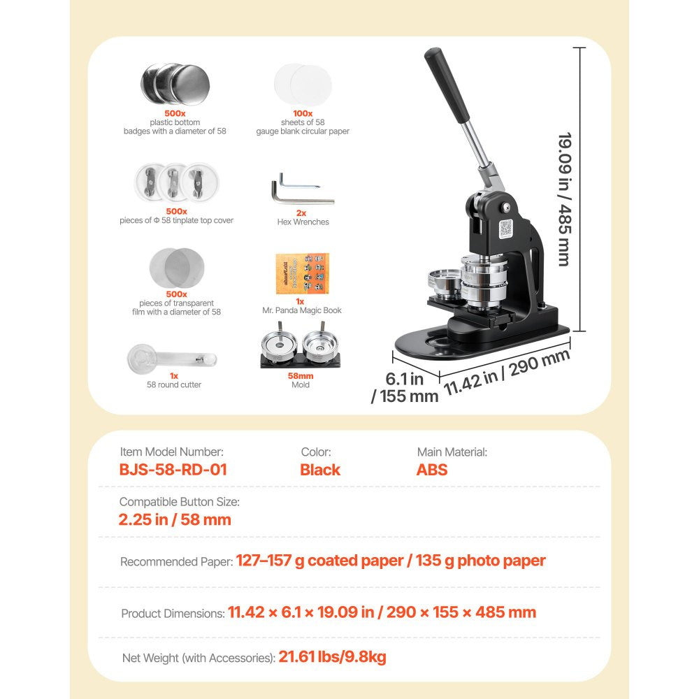 VEVOR Button Maker Machine, 2.25 in, Pin Maker Machine with 500pcs Button Parts, Circle Cutter, Hex Wrenches and Magic Book, Ergonomic Handle, for DIY Badges, Personalized Pins and Key Chains, Black