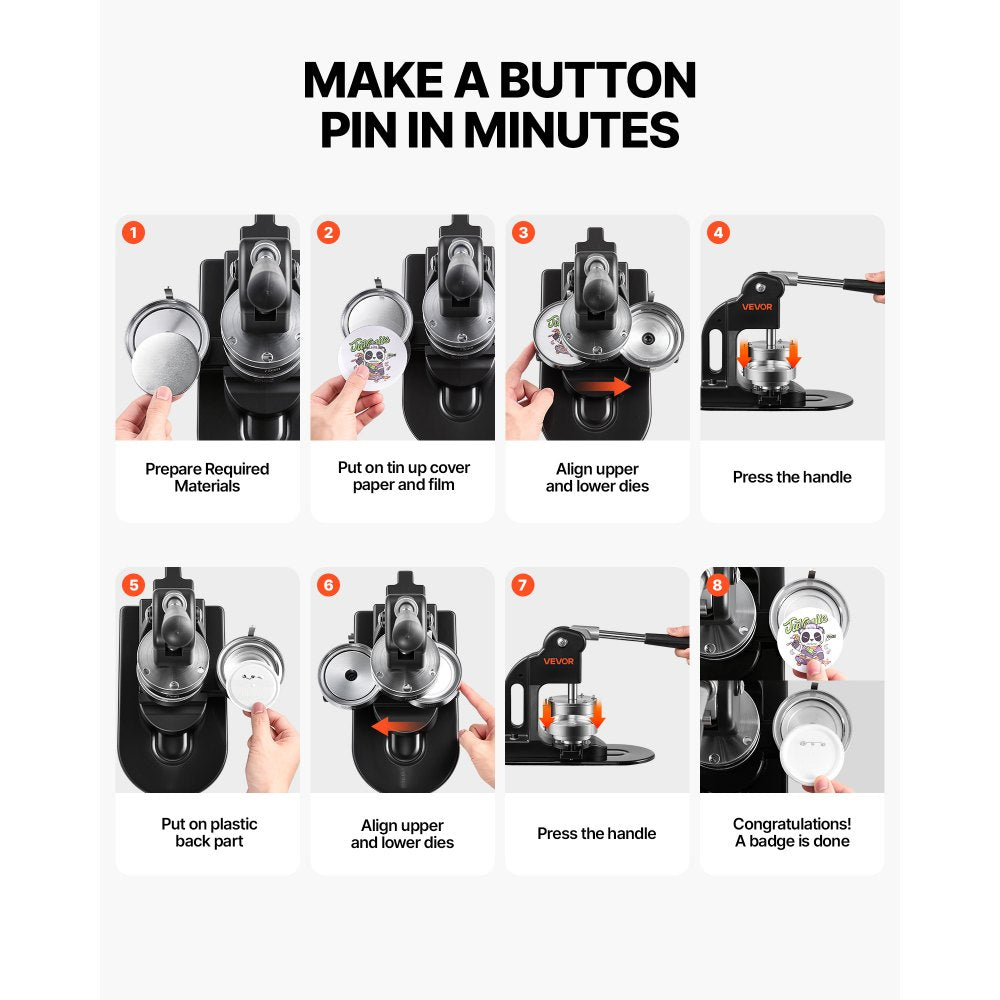VEVOR Button Maker Machine 3" / 75mm Pin Maker 500pcs Button Parts Black, with Circle Cutter, Magic Book, and Hex Wrenches, Ergonomic Handle, for DIY Badges, Pins, Fridge Magnets and Key Chains