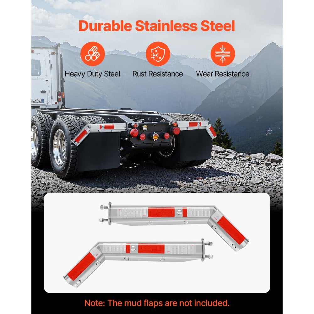 VEVOR Stainless Steel Angled Spring Loaded Mud Flap Hangers, 2-1/2" Bolt Spacing Mudflap Hangers for Semi Trucks, 1 Pair Heavy Duty Semi Truck Mud Flap Hanger Set with Reflective Strips, Silver