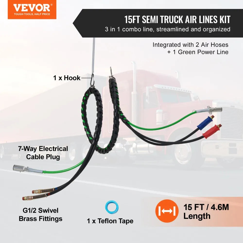 VEVOR 12FT Semi Truck Air Lines Kit, 3-in-1 Air Hoses & ABS Power Line for Semi Truck Trailer Tractor, 7-Way Plug Electrical Cord Cable and Rubber Air Lines Hose Assembly Kit with Hook & Teflon Tape