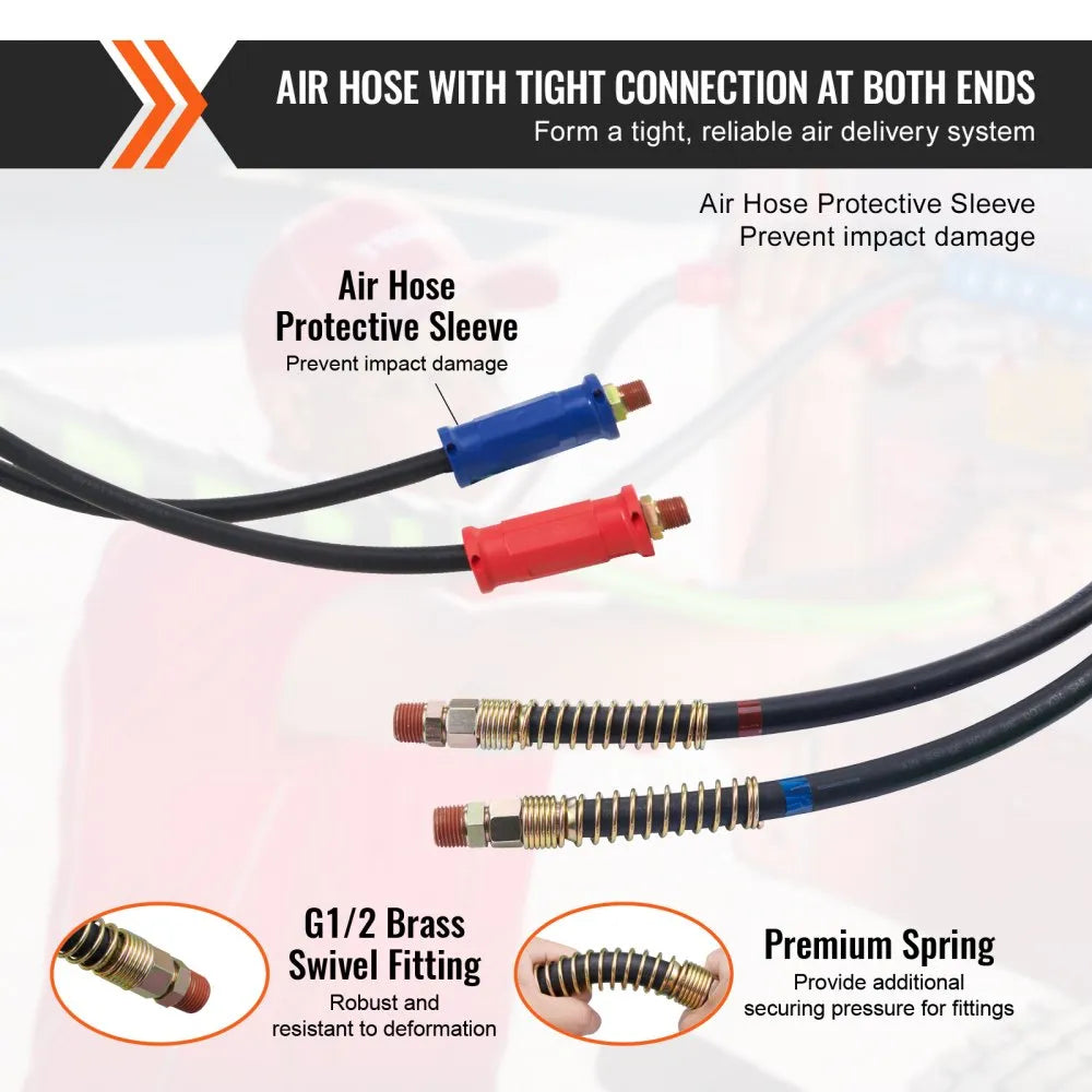 VEVOR 12FT Semi Truck Air Lines Kit, 3-in-1 Air Hoses & ABS Power Line for Semi Truck Trailer Tractor, 7-Way Plug Electrical Cord Cable and Rubber Air Lines Hose Assembly Kit with Hook & Teflon Tape