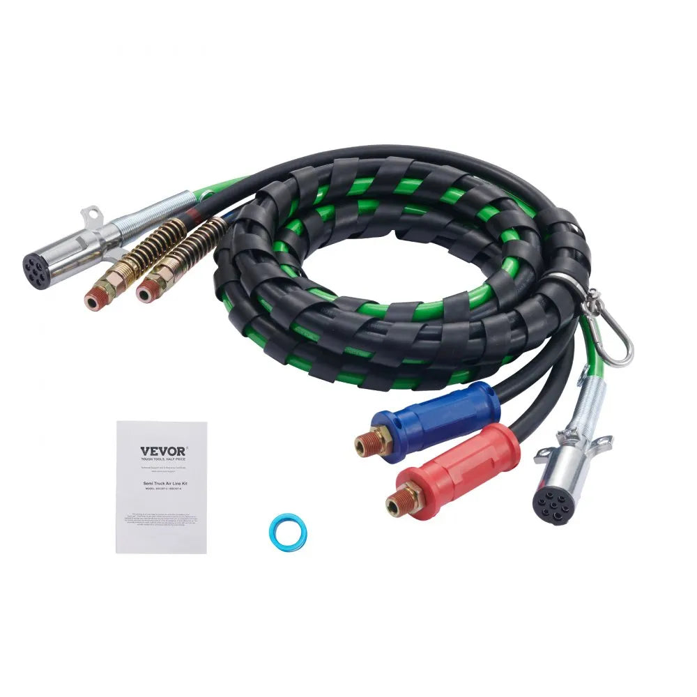 VEVOR 12FT Semi Truck Air Lines Kit, 3-in-1 Air Hoses & ABS Power Line for Semi Truck Trailer Tractor, 7-Way Plug Electrical Cord Cable and Rubber Air Lines Hose Assembly Kit with Hook & Teflon Tape