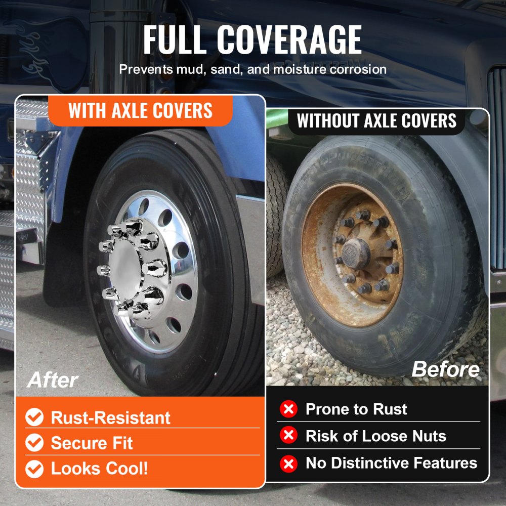 VEVOR Front Axle Wheel Covers, Dome Axle Cover for Semi Truck, ABS Electroplate Rust-Resistant Lug Nut Covers, Universal Fit, Installation Tool Included, Complete Axle Cover Combo Kit