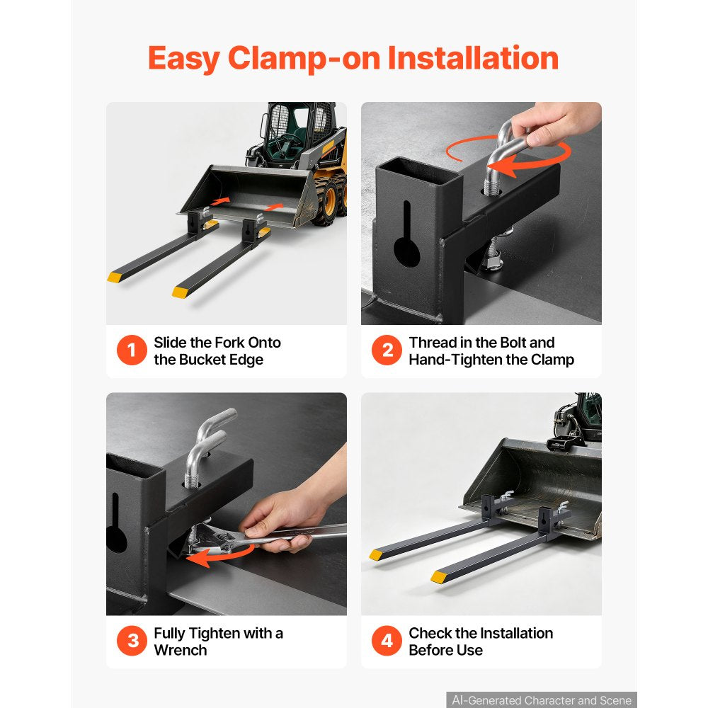VEVOR Pallet Forks, 4000 lbs 60 in Clamp-On Pallet Forks Yellow Tips Fixed, Front Loader Attachment for Tractor, Skid Steer, Loader Bucket, Agriculture, and Farm Use, Heavy-Duty Steel Bucket Fork