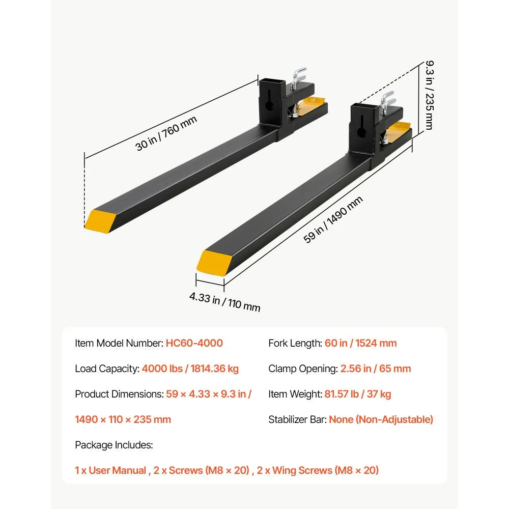 VEVOR Pallet Forks, 4000 lbs 60 in Clamp-On Pallet Forks Yellow Tips Fixed, Front Loader Attachment for Tractor, Skid Steer, Loader Bucket, Agriculture, and Farm Use, Heavy-Duty Steel Bucket Fork