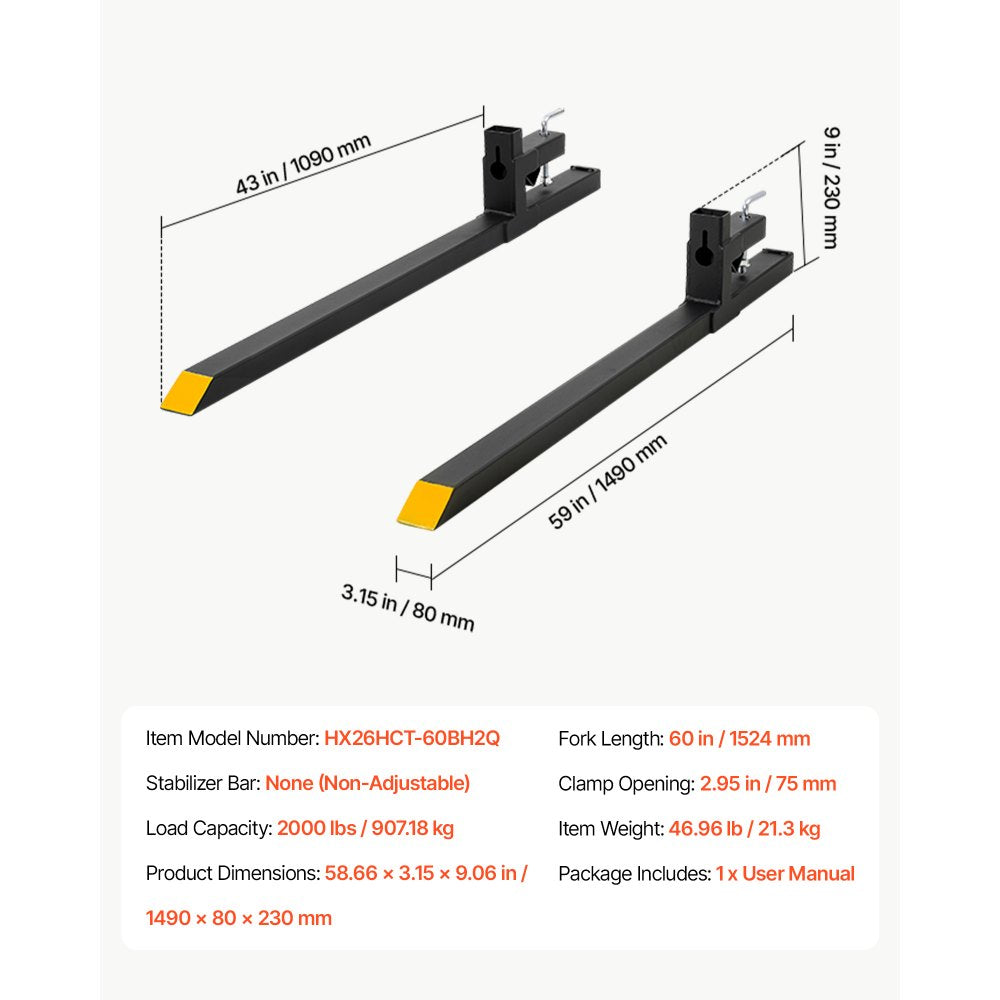 VEVOR Pallet Forks, 2000 lbs 60 in Clamp-On Pallet Forks Yellow Tips Fixed, Front Loader Attachment for Tractor, Skid Steer, Loader Bucket, Agriculture, Farm, Heavy-Duty Reinforced Steel Bucket Fork