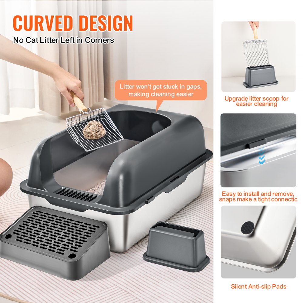 VEVOR Cat Litter Box, 6 inches Deep, XL Extra Large Stainless Steel Cat Litter Box with Scoop, Wide Filtering Foot Board & High Sides, Enclosed Odor-Free Easy-to-Clean Litter Box, Fit for Big Cats