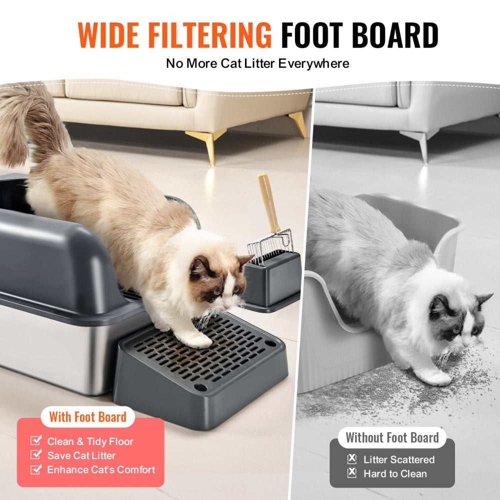 VEVOR Cat Litter Box, 6 inches Deep, XL Extra Large Stainless Steel Cat Litter Box with Scoop, Wide Filtering Foot Board & High Sides, Enclosed Odor-Free Easy-to-Clean Litter Box, Fit for Big Cats