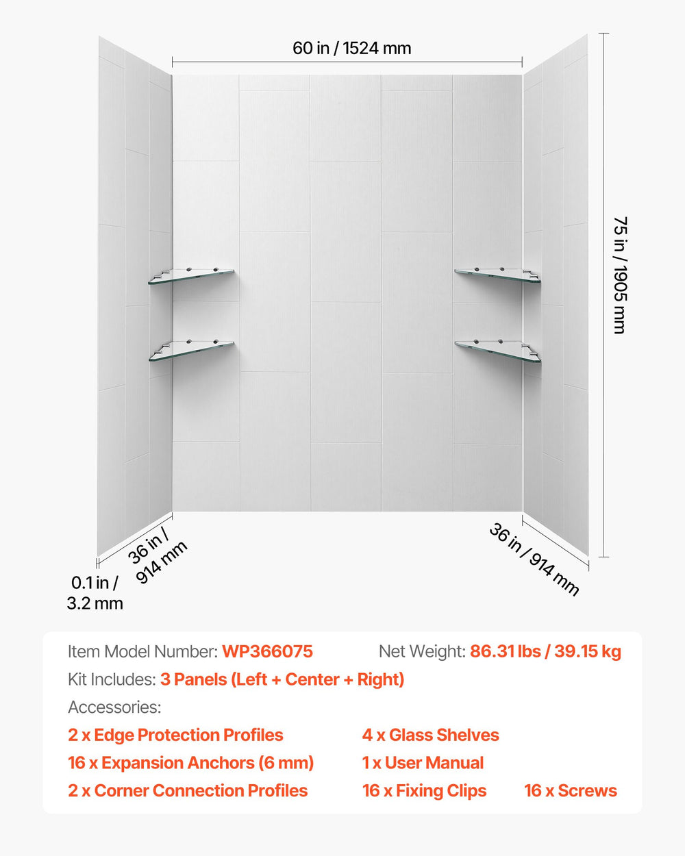 VEVOR shower wall panels dimensions and kit contents overview