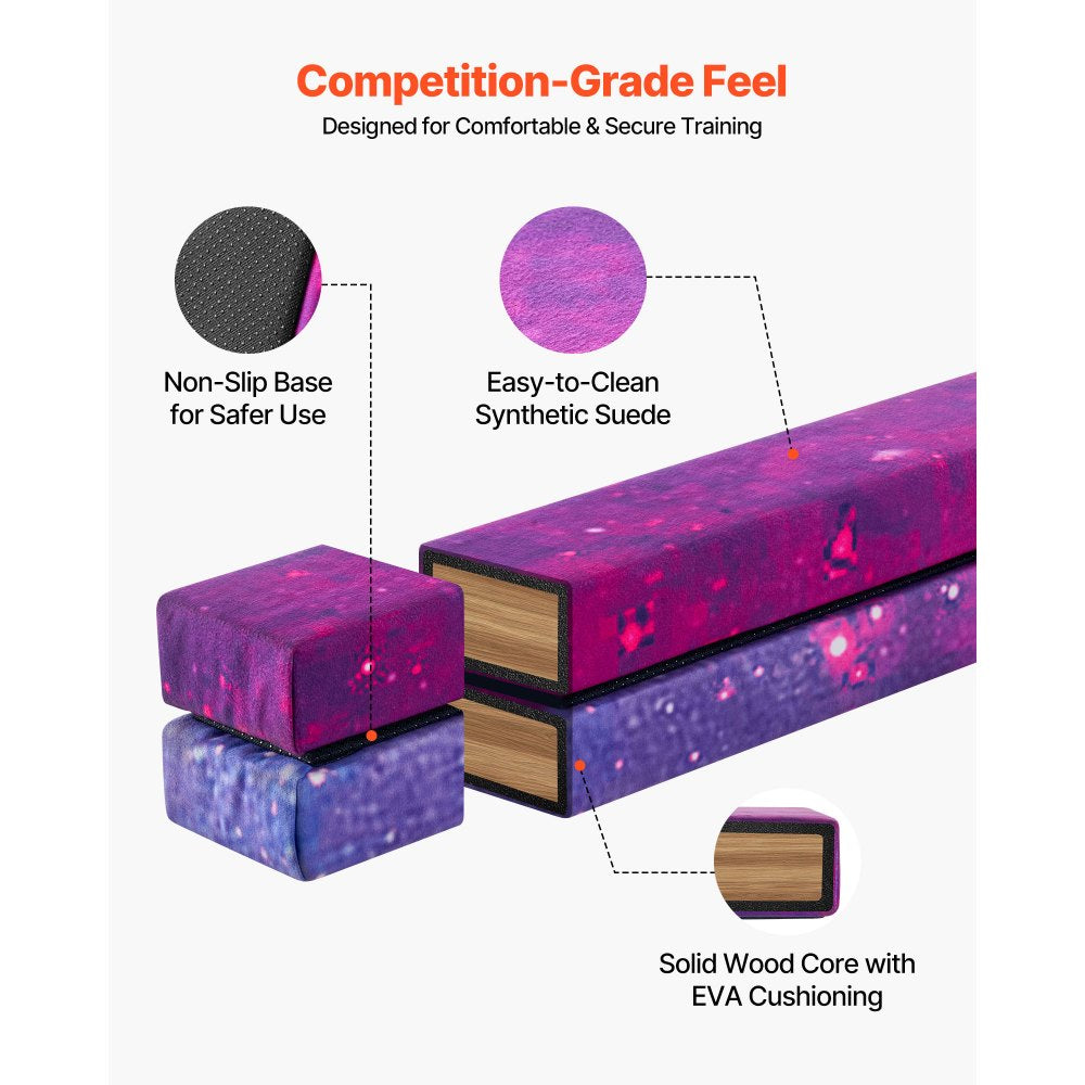 VEVOR 8FT Folding Balance Beam for Kids, 300LBS Stable Support Gymnastics Floor Beam with Non-Slip Mat, Wood-Core Gymnastics Training Equipment with Anti-Slip Bottom & Carry Bag for Home Gym, Galaxy