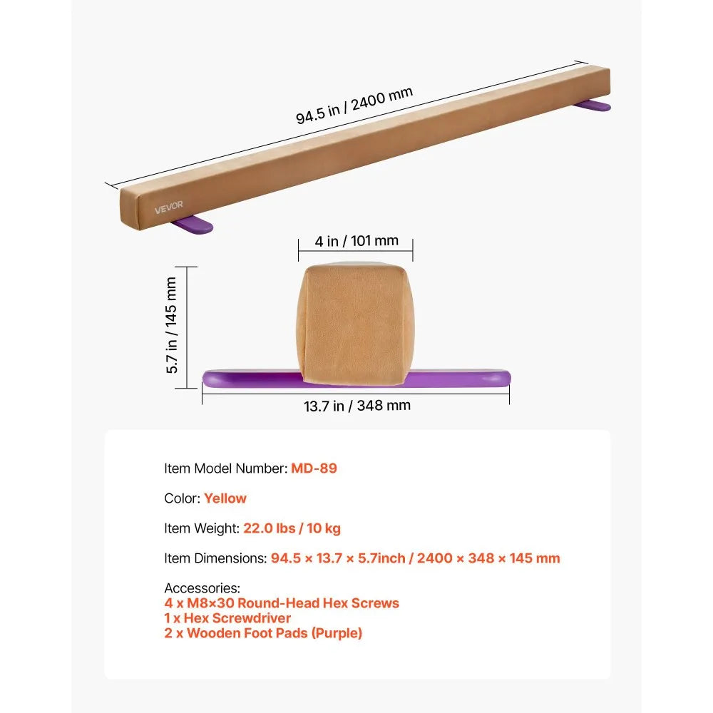 VEVOR 8FT Balance Beam for Kids, 350 LBS Stable Support Gymnastics Floor Beam with Non-Slip Wooden Mats, Wood-Core Gymnastics Training Equipment with Anti-Slip Bottom for Home and Gym, Yellow