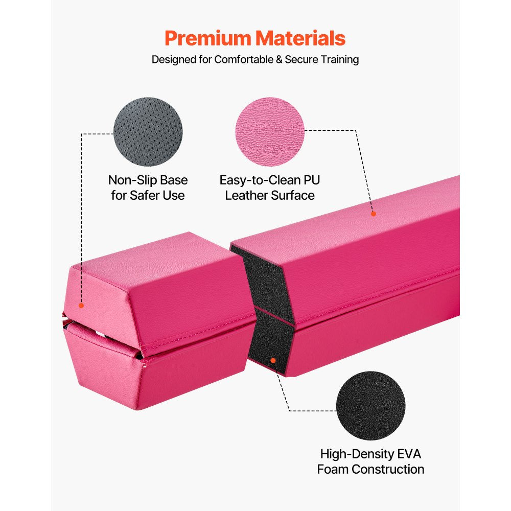 VEVOR 8FT Folding Balance Beam for Kids, 200LBS Stable Support Gymnastics Floor Beam with Non-Slip Mats, Gymnastics Training Equipment with Anti-Slip Bottom and Carrying Bag for Home Gym, Pink