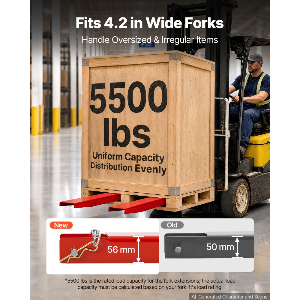 VEVOR Forklift Extensions 72 x 4.5 in, 5500 lbs Load Capacity & Bottom Lock, for Forklifts and Forklift Trucks, Heavy-Duty Industrial Steel Pallet Fork Attachments, Extended Load Handling, Red, 1 Pair