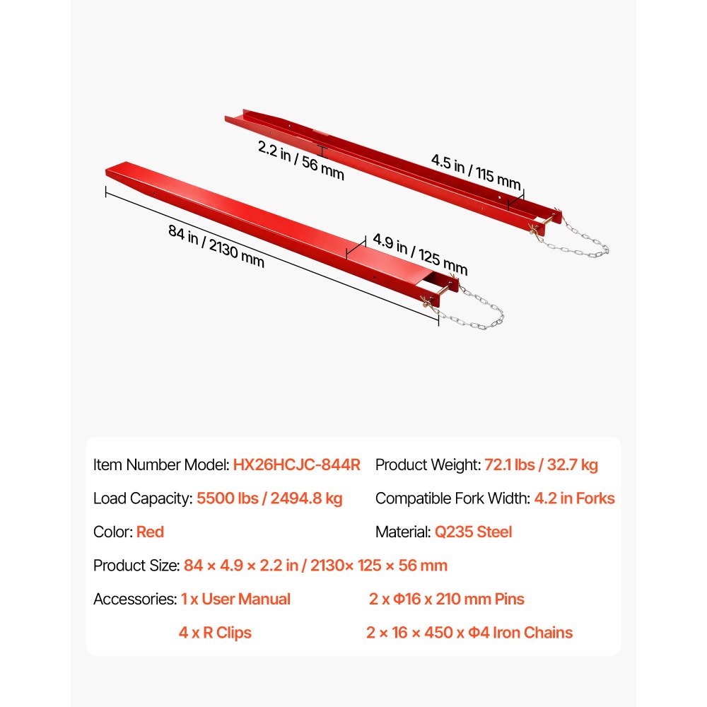 VEVOR Forklift Extensions 84 x 4.5 in, 5500 lbs Load Capacity & Bottom Lock, for Forklifts and Forklift Trucks, Heavy-Duty Industrial Steel Pallet Fork Attachments, Extended Load Handling, Red, 1 Pair