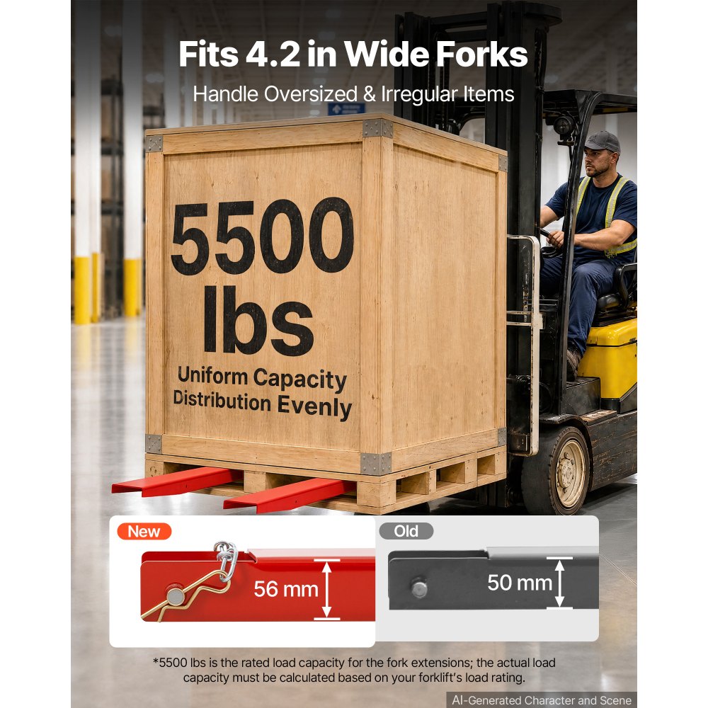 VEVOR Forklift Extensions 96 x 4.5 in, 5500 lbs Load Capacity & Bottom Lock, for Forklifts and Forklift Trucks, Heavy-Duty Industrial Steel Pallet Fork Attachments, Extended Load Handling, Red, 1 Pair