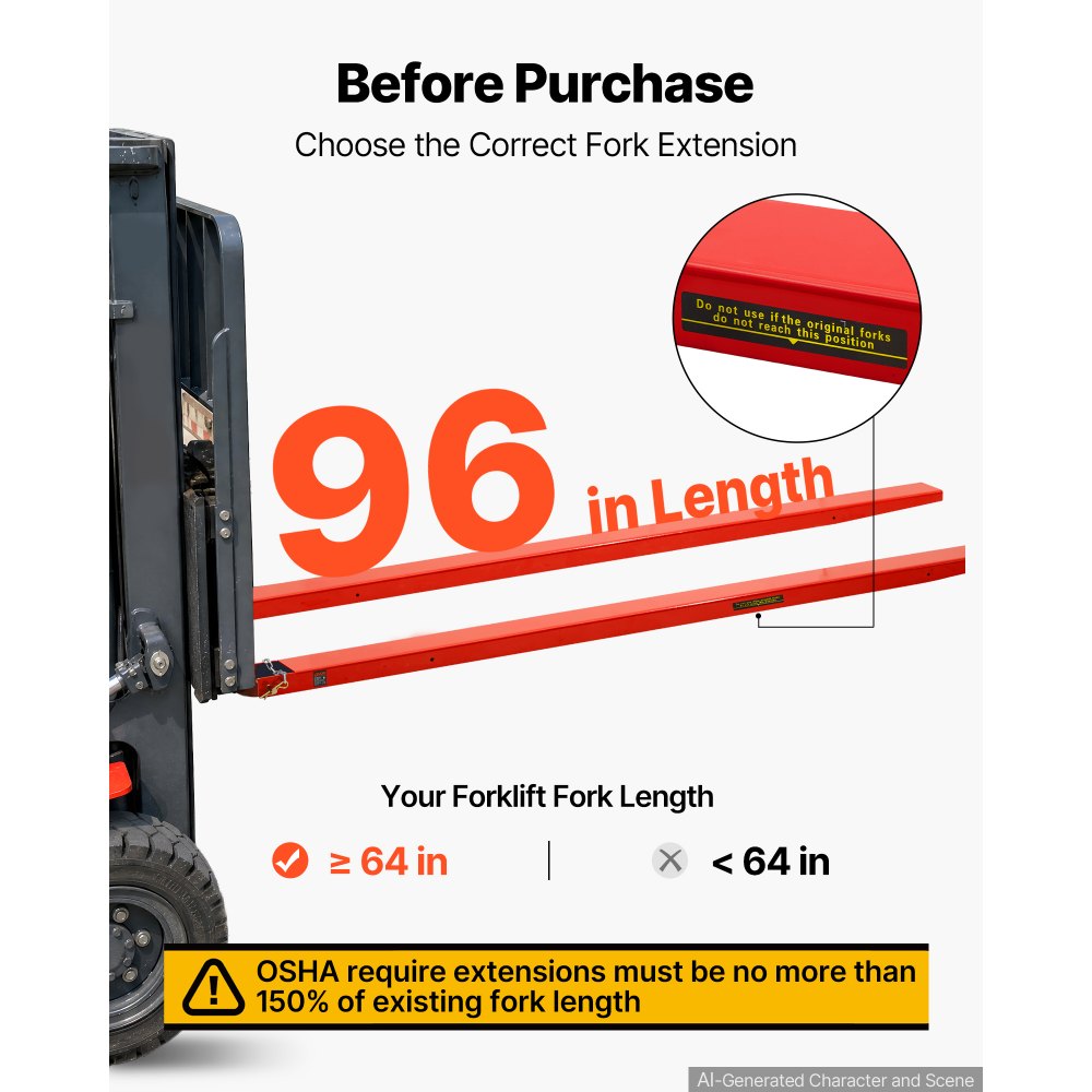 VEVOR Forklift Extensions 96 x 4.5 in, 5500 lbs Load Capacity & Bottom Lock, for Forklifts and Forklift Trucks, Heavy-Duty Industrial Steel Pallet Fork Attachments, Extended Load Handling, Red, 1 Pair