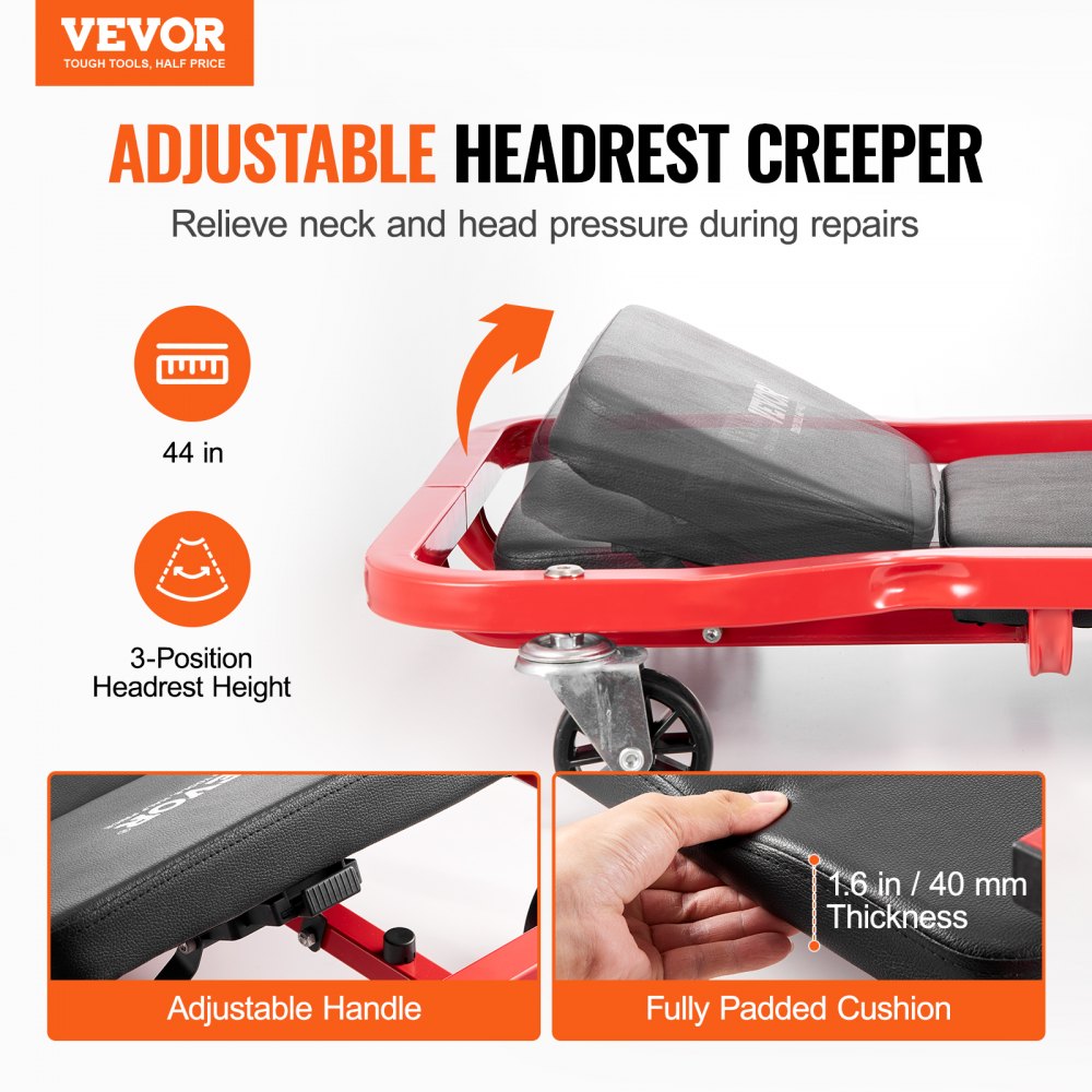 VEVOR Mechanic Garage Creeper, 44-Inch, 300 lbs Capacity Automotive Rolling Creeper with 6 Casters Adjustable Cushioned Headrest Tool Tray, Heavy Duty Steel Frame for Garages, Repair Shops, and DIY