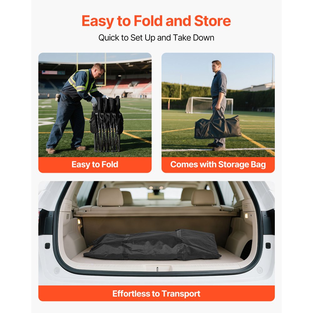 VEVOR Portable Folding Bench, 4 Seat Foldable Soccer Bench with Side Pockets and Carrying Bag, Lightweight Sideline Seating with Back Rest for Football, Baseball, Camping, Outdoor Events, Black