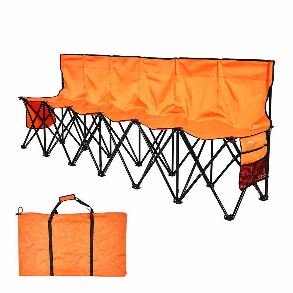 VEVOR Portable Folding Bench, 6 Seat Foldable Soccer Bench with Side Pockets and Carrying Bag, Lightweight Sideline Seating with Back Rest for Football, Baseball, Camping, Outdoor Events, Orange