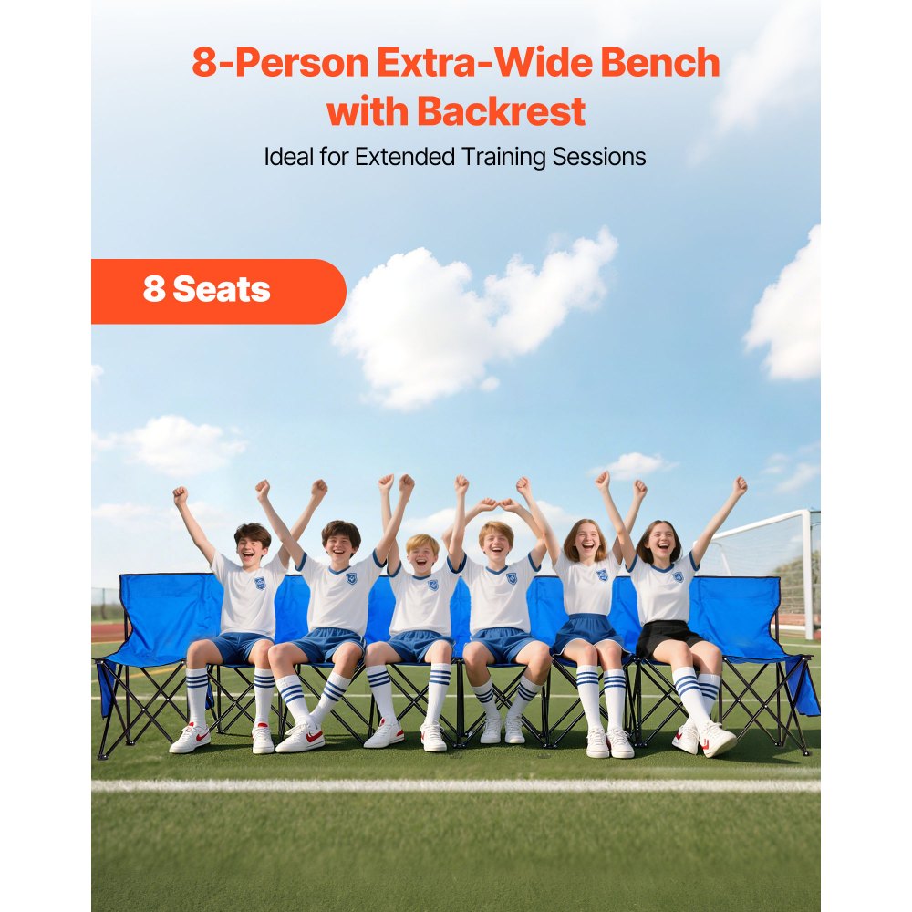 VEVOR Portable Folding Bench, 8 Seat Foldable Soccer Bench with Side Pockets and Carrying Bag, Lightweight Sideline Seating with Back Rest for Football, Baseball, Camping, Outdoor Events, Blue