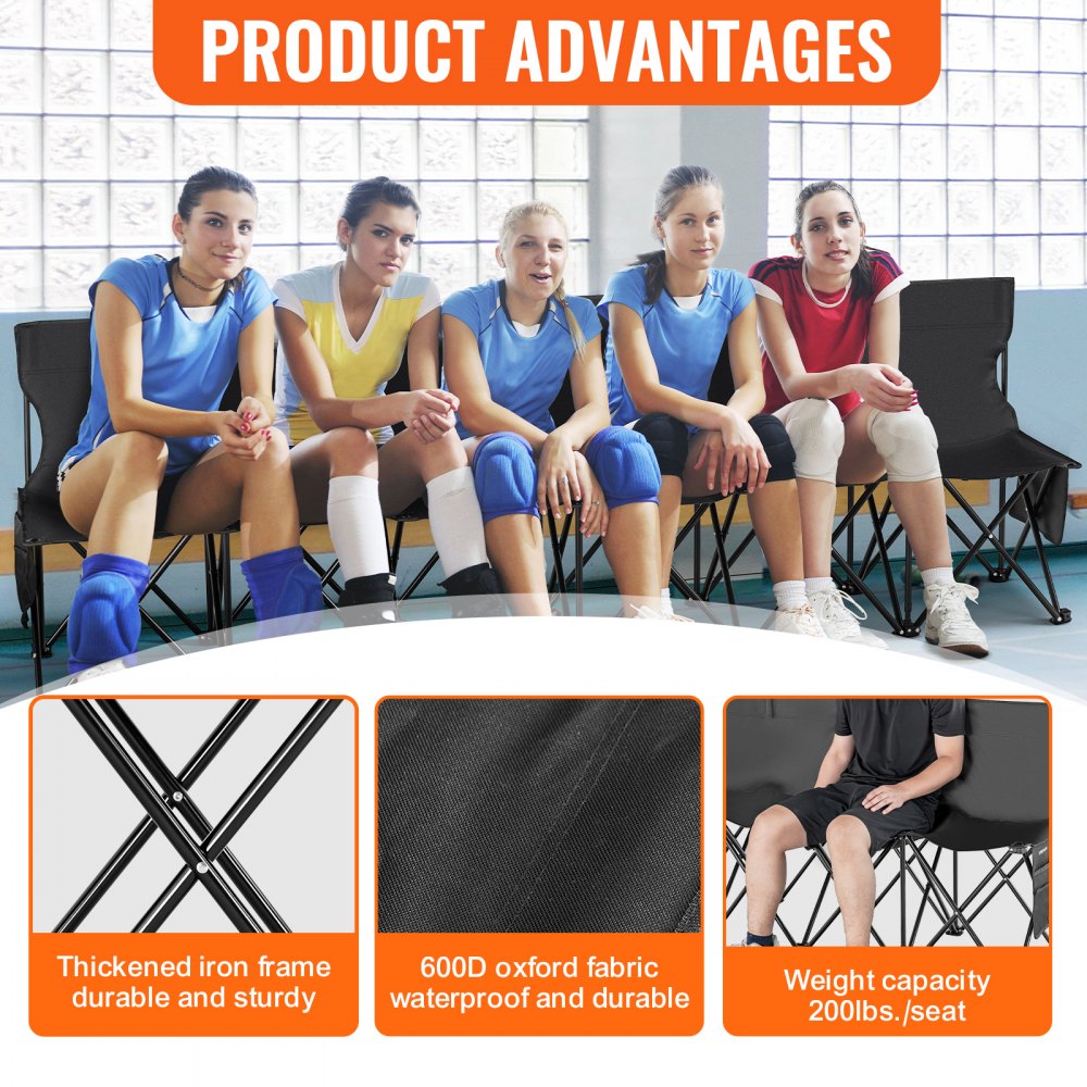 VEVOR Portable Folding Bench, 6 Seat Foldable Soccer Bench with Side Pockets and Carrying Bag, Lightweight Sideline Seating with Back Rest for Football, Baseball, Camping, Outdoor Events, Black