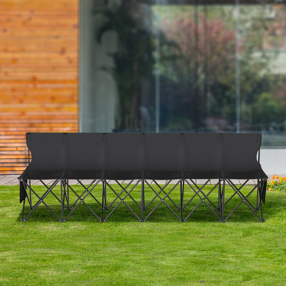VEVOR Portable Folding Bench, 6 Seat Foldable Soccer Bench with Side Pockets and Carrying Bag, Lightweight Sideline Seating with Back Rest for Football, Baseball, Camping, Outdoor Events, Black