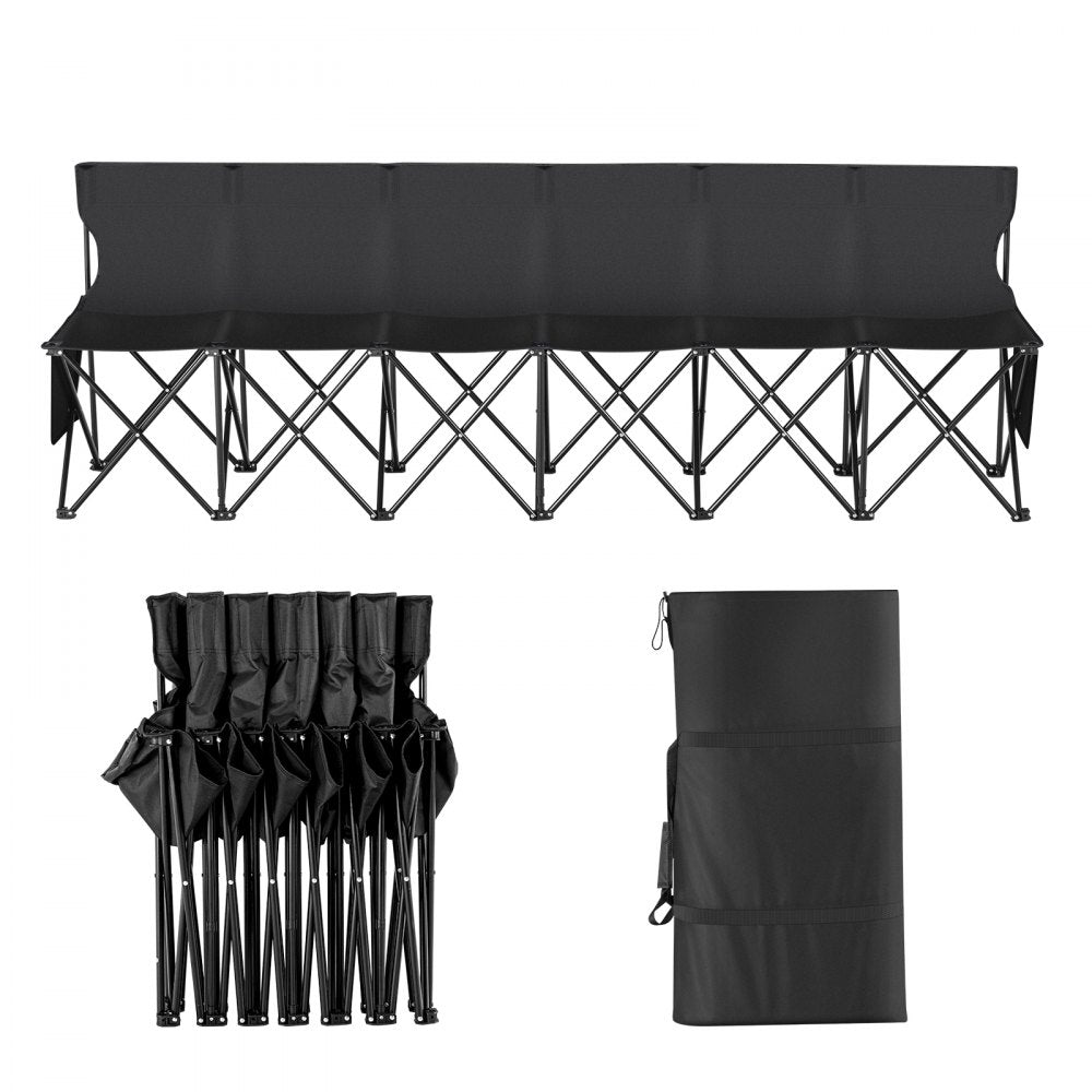 VEVOR Portable Folding Bench, 6 Seat Foldable Soccer Bench with Side Pockets and Carrying Bag, Lightweight Sideline Seating with Back Rest for Football, Baseball, Camping, Outdoor Events, Black