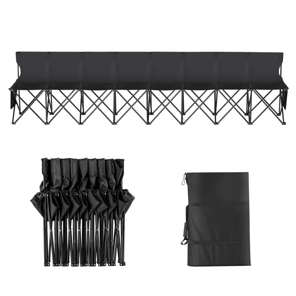 VEVOR Portable Folding Bench, 8 Seat Foldable Soccer Bench with Side Pockets and Carrying Bag, Lightweight Sideline Seating with Back Rest for Football, Baseball, Camping, Outdoor Events, Black