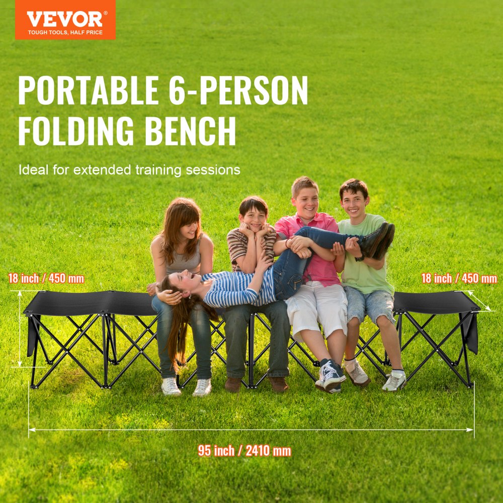 VEVOR Portable Folding Bench, 6 Seat Foldable Soccer Bench with Side Pockets and Carrying Bag, Lightweight 600D Oxford Fabric Sideline Seating, for Football, Baseball, Camping, Outdoor Events, Black