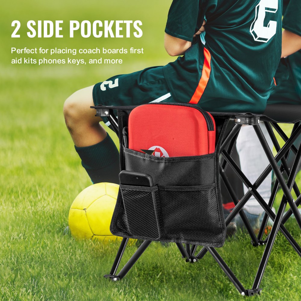 VEVOR Portable Folding Bench, 6 Seat Foldable Soccer Bench with Side Pockets and Carrying Bag, Lightweight 600D Oxford Fabric Sideline Seating, for Football, Baseball, Camping, Outdoor Events, Black