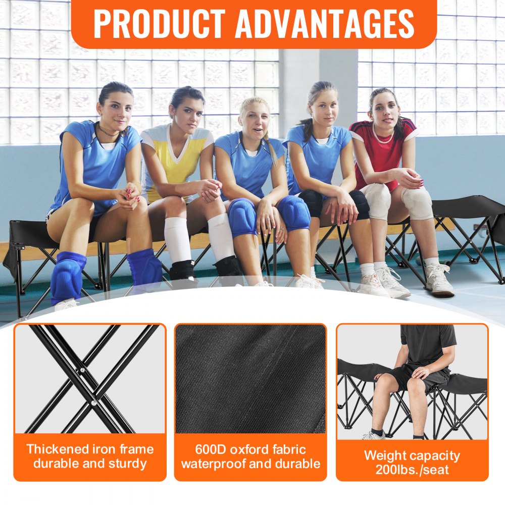 VEVOR Portable Folding Bench, 6 Seat Foldable Soccer Bench with Side Pockets and Carrying Bag, Lightweight 600D Oxford Fabric Sideline Seating, for Football, Baseball, Camping, Outdoor Events, Black