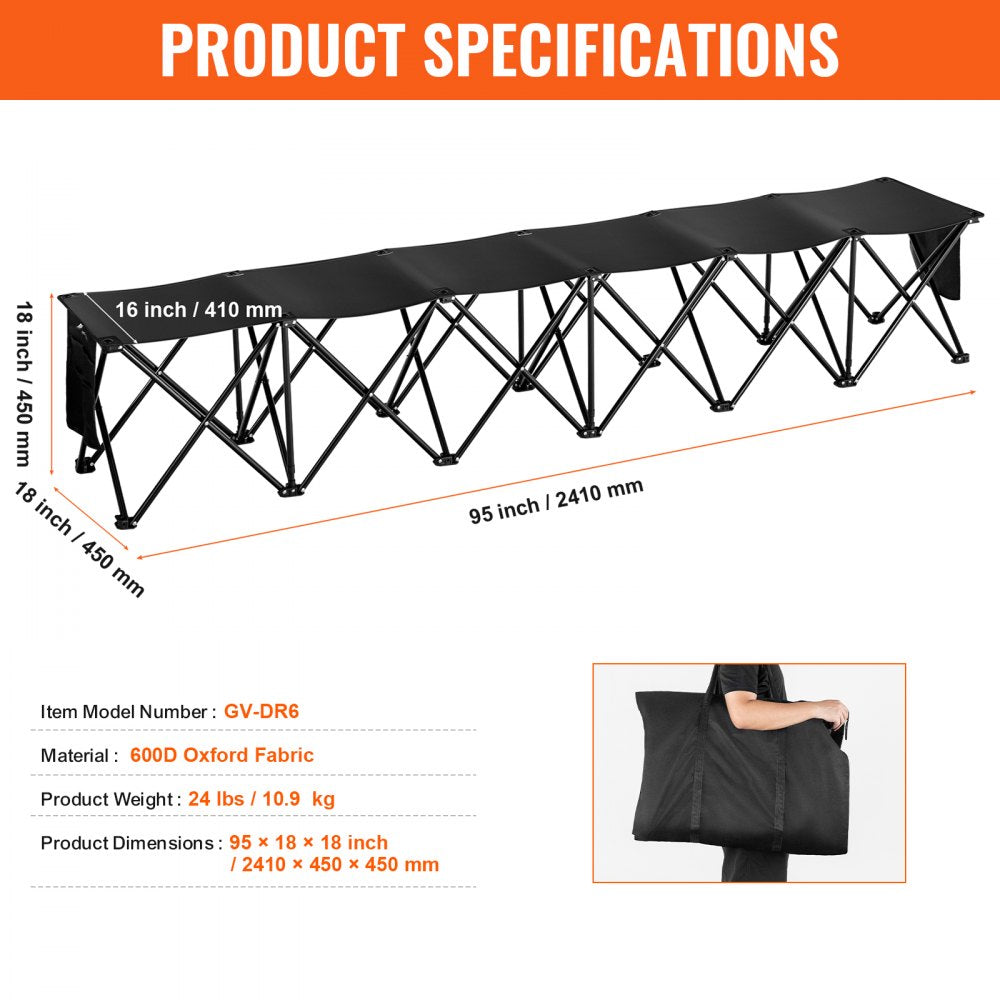 VEVOR Portable Folding Bench, 6 Seat Foldable Soccer Bench with Side Pockets and Carrying Bag, Lightweight 600D Oxford Fabric Sideline Seating, for Football, Baseball, Camping, Outdoor Events, Black
