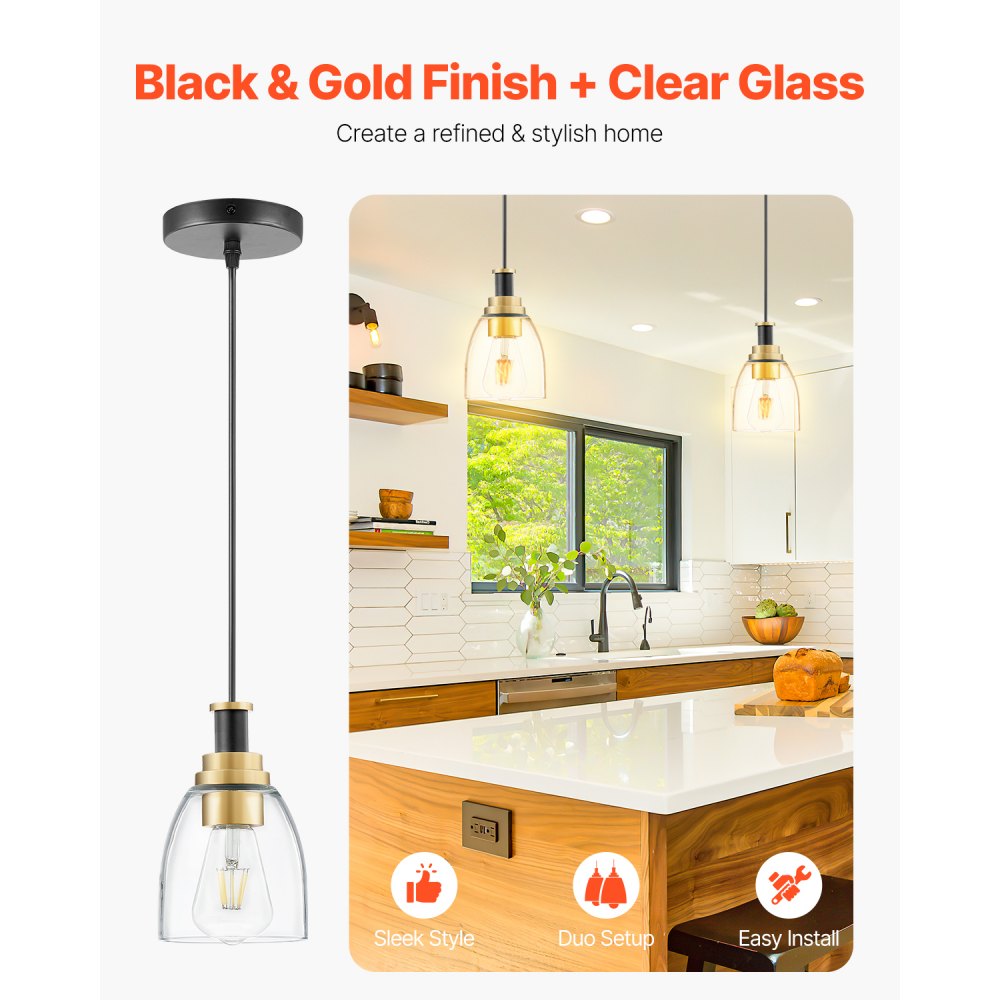 VEVOR 1-Light Pendant Light, 2 Pack, Kitchen Island Lights with Clear Glass Shade & Hanging Cord, Black and Gold Finish, Adjustable Height, Pendant Lighting for Bedroom, Hallway, Entryway, Kitchen