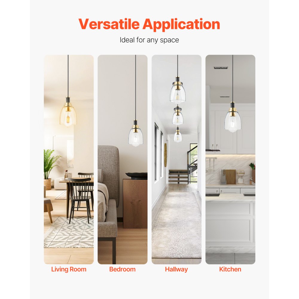VEVOR 1-Light Pendant Light, 2 Pack, Kitchen Island Lights with Clear Glass Shade & Hanging Cord, Black and Gold Finish, Adjustable Height, Pendant Lighting for Bedroom, Hallway, Entryway, Kitchen