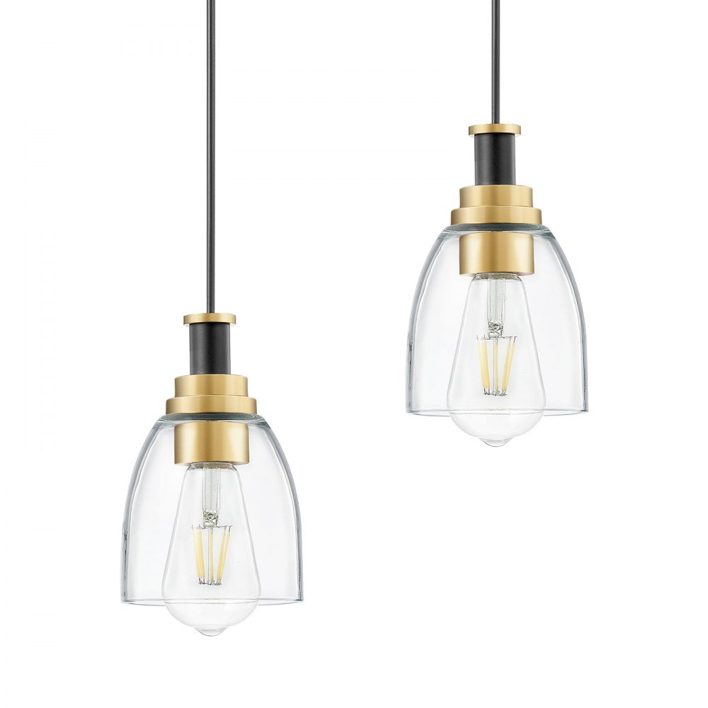 VEVOR 1-Light Pendant Light, 2 Pack, Kitchen Island Lights with Clear Glass Shade & Hanging Cord, Black and Gold Finish, Adjustable Height, Pendant Lighting for Bedroom, Hallway, Entryway, Kitchen