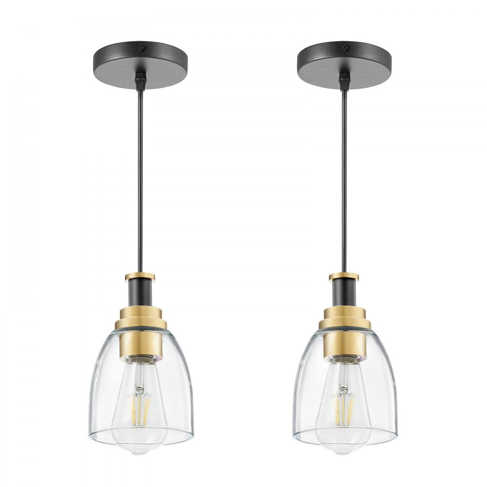 VEVOR 1-Light Pendant Light, 2 Pack, Kitchen Island Lights with Clear Glass Shade & Hanging Cord, Black and Gold Finish, Adjustable Height, Pendant Lighting for Bedroom, Hallway, Entryway, Kitchen