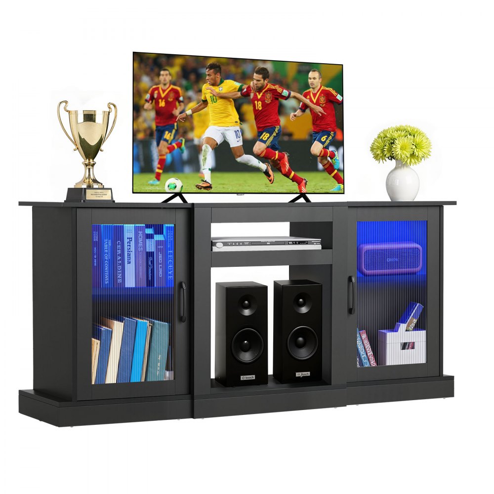 VEVOR TV Stand for TVs up to 65 inch, Modern Entertainment Center with Light Strip, Wooden TV Cabinet Storage with Glass Doors and Adjustable Shelves, Console Table for Living Room and Bedroom, Black