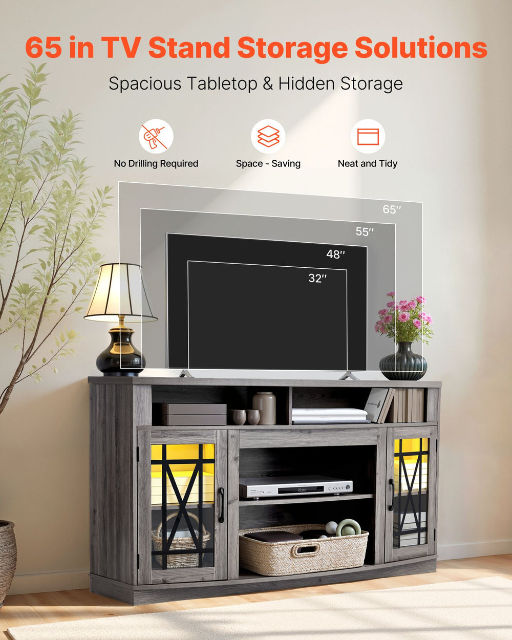 VEVOR TV Stand for TVs up to 65 inch, Farmhouse Entertainment Center with Light Strip (Image 1)
