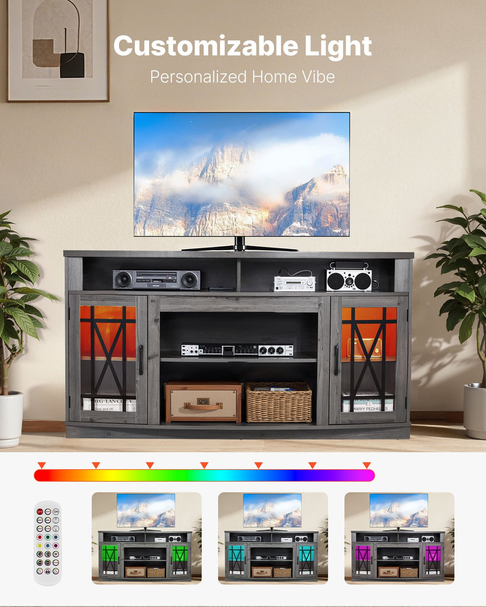 VEVOR TV Stand for TVs up to 65 inch, Farmhouse Entertainment Center with Light Strip (Image 3)