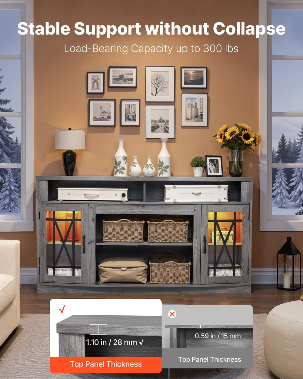 VEVOR TV Stand for TVs up to 65 inch, Farmhouse Entertainment Center with Light Strip (Image 4)