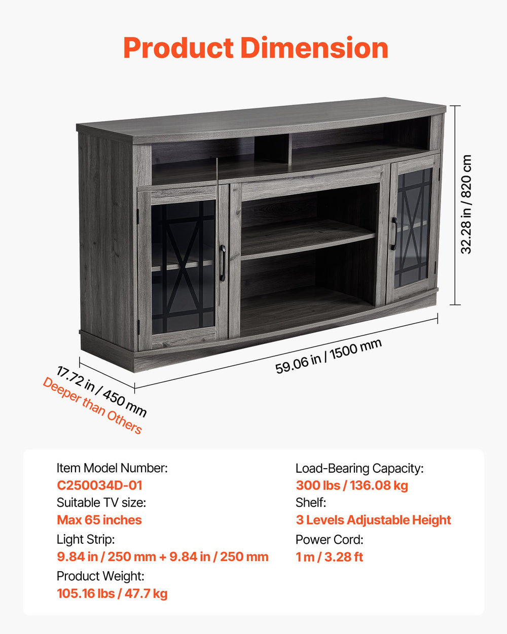 VEVOR TV Stand for TVs up to 65 inch, Farmhouse Entertainment Center with Light Strip (Image 6)