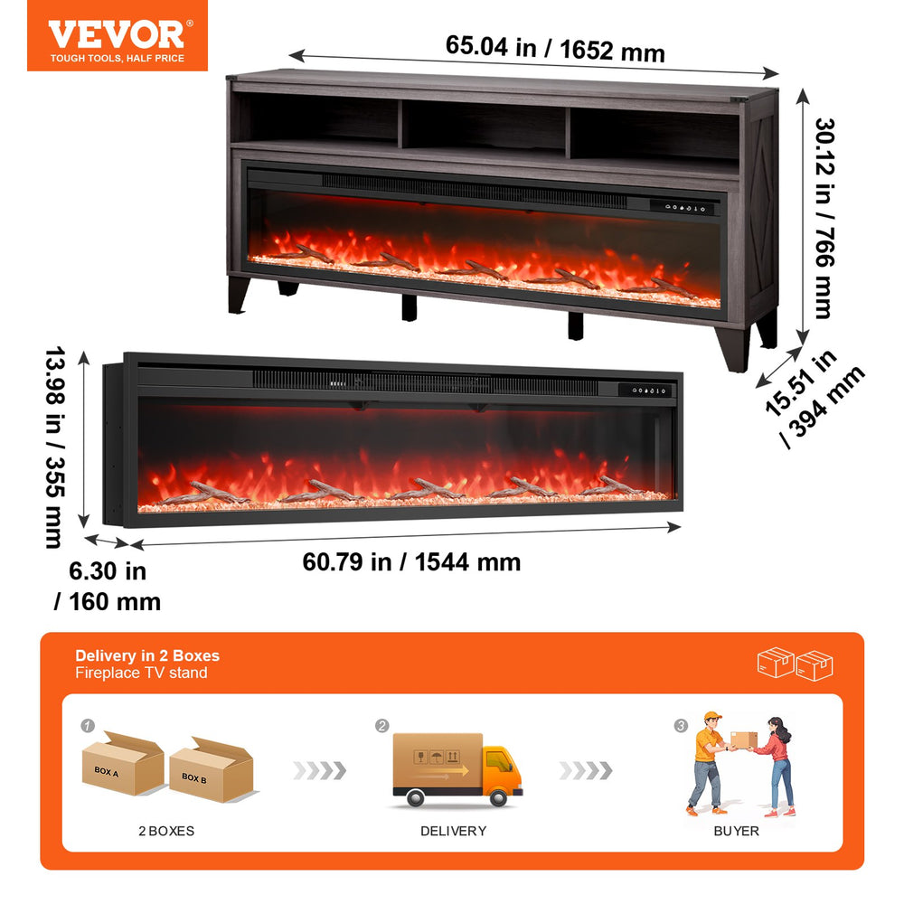 VEVOR Fireplace TV Stand - dimensions graphic (includes delivery in 2 boxes)