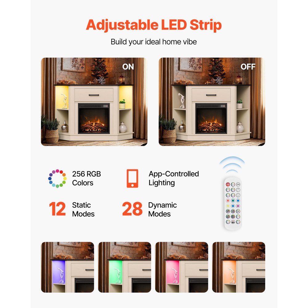 VEVOR Fireplace TV Stand infographic: adjustable LED strip with RGB colors and multiple lighting modes