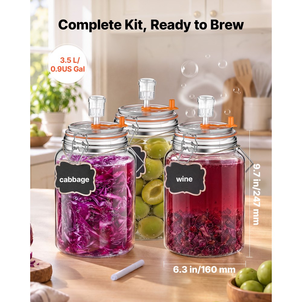 VEVOR 1 Gallon Glass Fermentation Jar, Wide Mouth Container Kit, 2-Pack, for Making Sauerkraut, Kimchi, Pickles and Vegetables, Glass Jars for Beginners with Airlocks, Latch Lids, and Silicone Rings