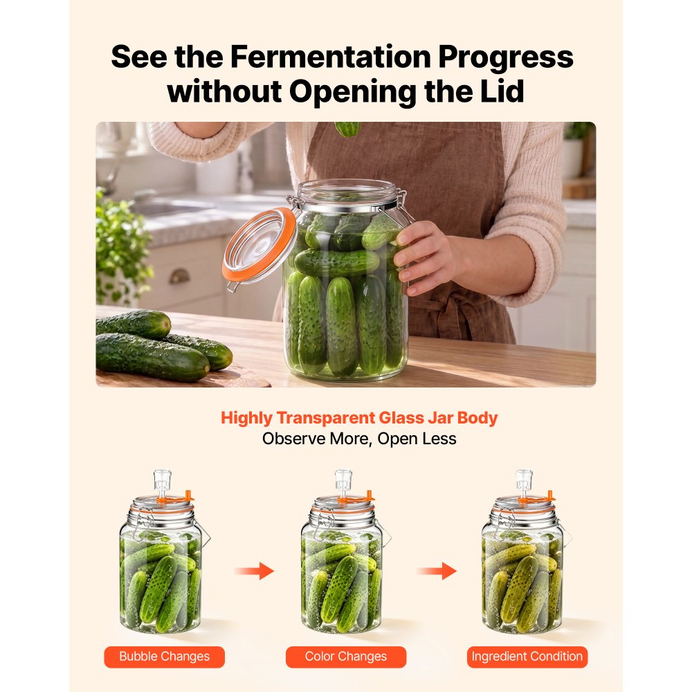 VEVOR 1 Gallon Glass Fermentation Jar, Wide Mouth Container Kit, 2-Pack, for Making Sauerkraut, Kimchi, Pickles and Vegetables, Glass Jars for Beginners with Airlocks, Latch Lids, and Silicone Rings