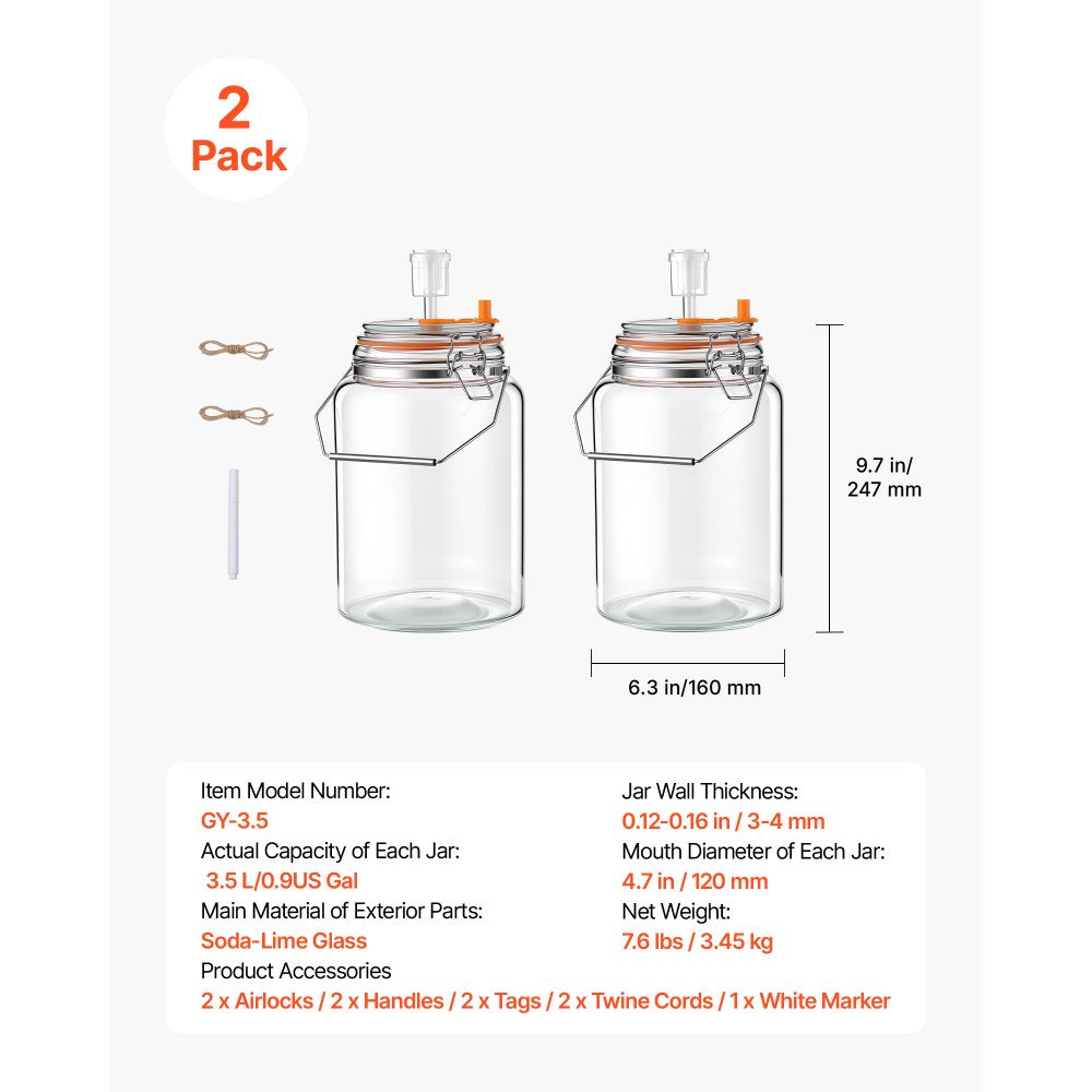 VEVOR 1 Gallon Glass Fermentation Jar, Wide Mouth Container Kit, 2-Pack, for Making Sauerkraut, Kimchi, Pickles and Vegetables, Glass Jars for Beginners with Airlocks, Latch Lids, and Silicone Rings