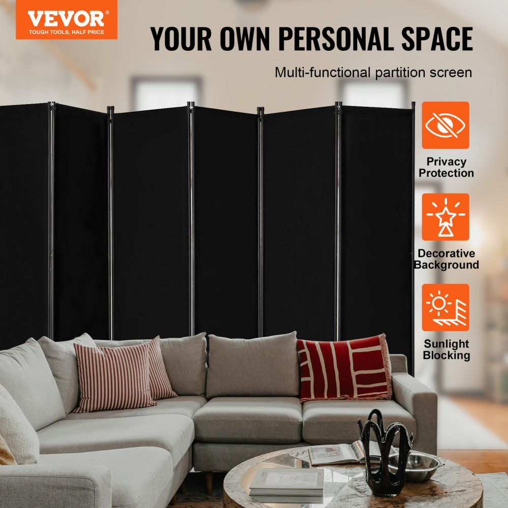 VEVOR Room Divider, 6 Panel Room Divider, Folding Privacy Screen and Portable Partition Divider for Room Separation, Freestanding Room Partitions for Office, Bedroom, Study, Black